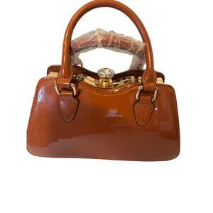 2/$30 NWT Brown Vegan Patent Leather Handbag Crystal Knob & Gold Accents